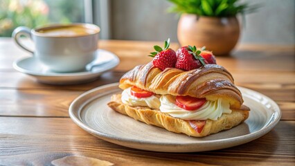 Strawberry croissants in a minimalist cafe with coffee
