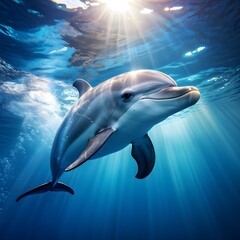 Naklejka premium Dolphin gliding gracefully underwater, AI Generated