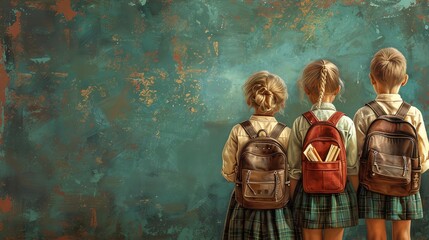 Fototapeta premium Three schoolgirls with backpacks, standing in front of a textured wall.
