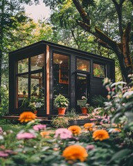 Naklejka premium A black tiny house with large windows and doors, surrounded by lush greenery in the garden