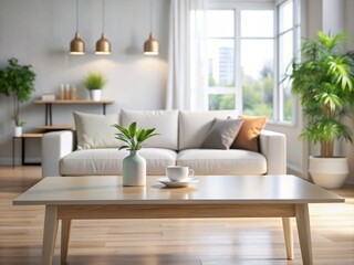 Empty white table with a clean surface in front of a blurred contemporary living room with a sofa, lamp, and plants, ideal for product placement.