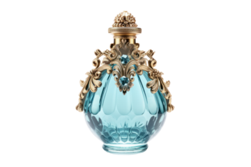 A vintage-inspired perfume bottle with a classic design and ornate embellishments. Isolated on white background