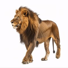 Obraz premium side view of a Lion walking, looking at the camera, Panthera Leo, 10 years old, isolated on white