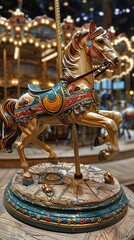 Vintage carousel, handpainted horses, organ music, laughter and lights