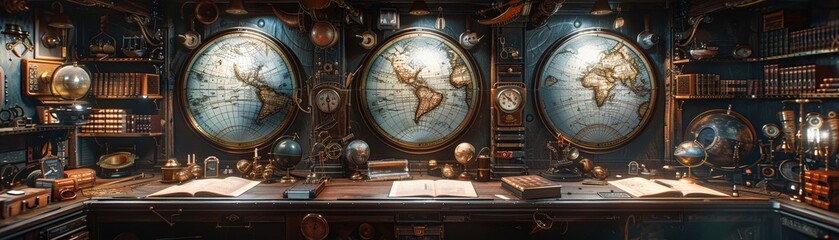 Fototapeta premium Steampunk explorers library, maps, globes, brass instruments, and hidden doors