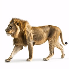 Obraz premium side view of a Lion walking, looking at the camera, Panthera Leo, 10 years old, isolated on white