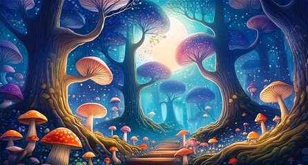 Obraz premium Moonlit Enchantment Ancient Forest and Luminescent Mushroom ai