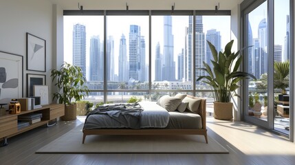 Naklejka premium Studio apartment with large windows offering a view of the city skyline.