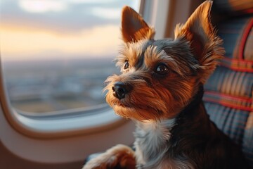 toy Terrier dog in the cabin by the window. dog in the aircraft.