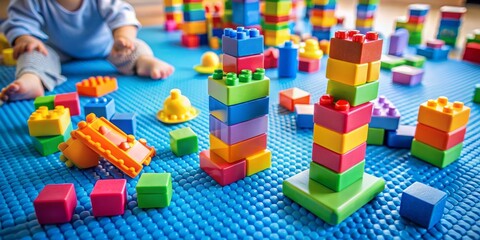 Obraz premium Colorful plastic blocks scattered on a bright blue mat, with a few stacks and towers built, surrounded by scattered toys and a child's scattered footprints.