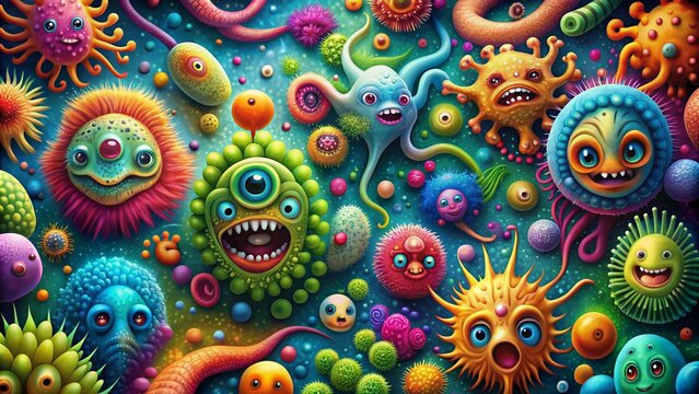 Vibrant, whimsical illustration of various microorganisms, colorful bacteria, and parasites in fun, exaggerated forms, showcasing health and medicine's tiny, fascinating foes.