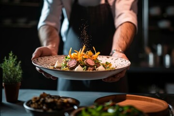 A male chef serving a fine dining dish in a restaurant A male chef serving a fine dining dish in a restaurant.