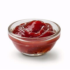 Small glass condiment bowl of red tomato sauce ketchup. Isolated on white in perspective.
