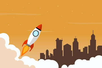 Background design of a rocket launching in the middle of a city with summer themed colors. A creative illustration concept of city growth.