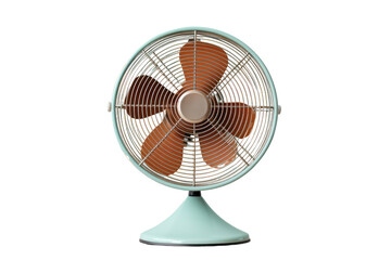 A vintage table fan with a retro aesthetic, isolated on white background