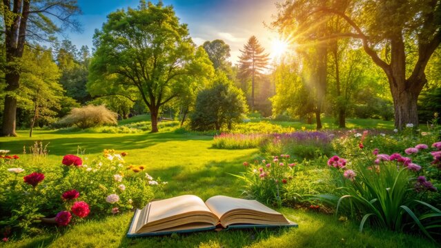 Serenene landscape of a green lawn with a forgotten book lying open, surrounded by lush trees and vibrant flowers on a warm sunny day.