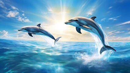 Dolphins leaping gracefully from the cerulean depths mid-air arcs above shimmering sea, AI Generated