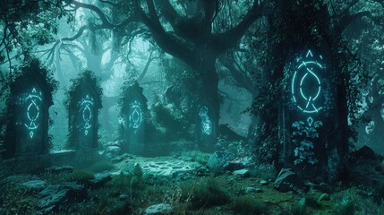 Enchanted Twilight Forest with Glowing Runes and Mystical Creatures