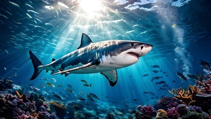 Obraz premium Great white shark gliding beneath the crystalline depths of a tropical sea, AI Generated