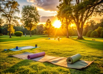 Fototapeta premium Warm golden light of sunset illuminates a serene park setting with a yoga mat and props arranged for a peaceful group practice session.
