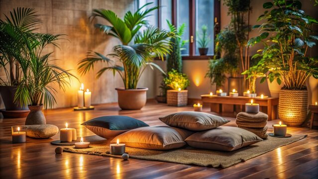 Serenene atmosphere of a dimly lit indoor meditation session, featuring cushions, throw blankets, and plants, evoking a sense of calmness and tranquility.