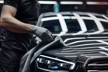 Professional Car Detailer Cleaning the Exterior of an Elegant Black Luxury Vehicle with a Soft Cloth