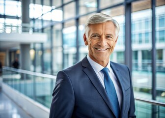 Fototapeta premium portrait of successful senior businessman consultant looking at camera and smiling inside modern office building