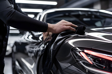 Professional Car Detailer Cleaning the Exterior of an Elegant Black Luxury Vehicle with a Soft Cloth