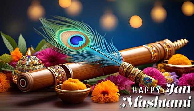 Happy Janmashtami Banner Template. Traditional Poster Design for Hindu Festival Shree Krishna