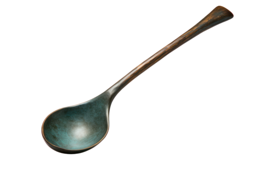 A vintage ladle with a unique design and a patina of age, isolated on a white background