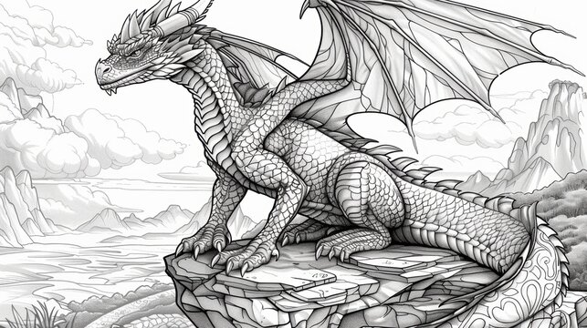 A dragon perches on a rocky cliff in this coloring book page, with intricate patterns on its scales and the surrounding landscape, perfect for detailed coloring.