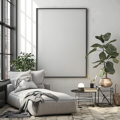 empty picture frame mockup on white wall in minimalist interior design. modern armchair with white cushions.