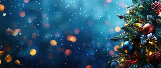 Xmas Celebration Banner Featuring a Decorated Christmas Tree with Baubles, Snowflakes, Lights, Ornaments and Stars	
