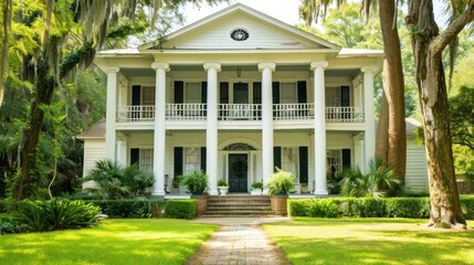 Fototapeta premium Colonial-style home exterior with a symmetrical facade and a porch.