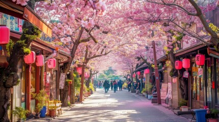 Cherry blossom lined street in Japan.