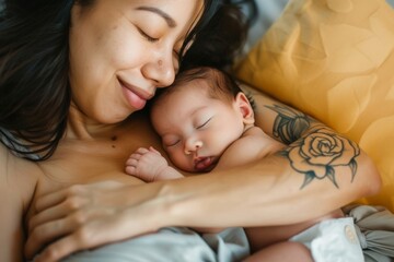 A new Mother holds her infant to her chest as they bond skin-to-skin in the comfort of their own home. The baby is wearing a diaper and both have their eyes closed as they rest peacefully