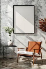 empty picture frame mockup on white wall in minimalist interior design. modern armchair with white cushions.