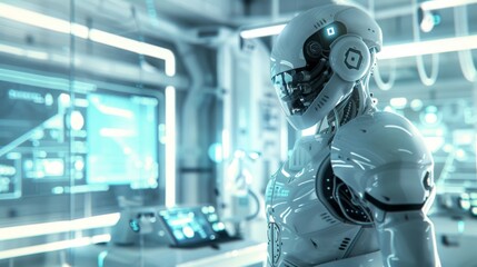 Futuristic Robot in a High-Tech Laboratory.