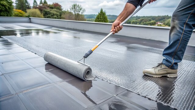 Hand-painted the gray floor with a paint roller for waterproofing, adding mesh, and repairing the roof and waterproofing the deck.