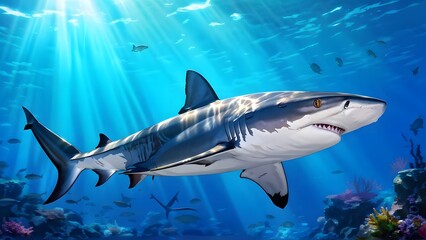 Fototapeta premium Shark gliding through the depths submerged in the suns filtered rays, AI generated