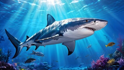 Fototapeta premium Shark gliding through the depths submerged in the suns filtered rays, AI generated