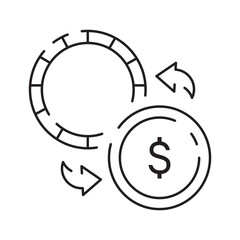 Casino line icon. Poker cards, dice and chips, slot machine symbols and money
