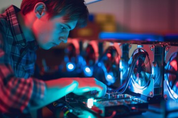 Man preparing mining rig Programmer preparing mining rig for cryptocurrency mining