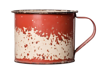 A vintage enamel mug with a chipped paint job and a nostalgic feel. Isolated on white background