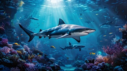 Shark gliding through the depths submerged in the suns filtered rays, AI generated