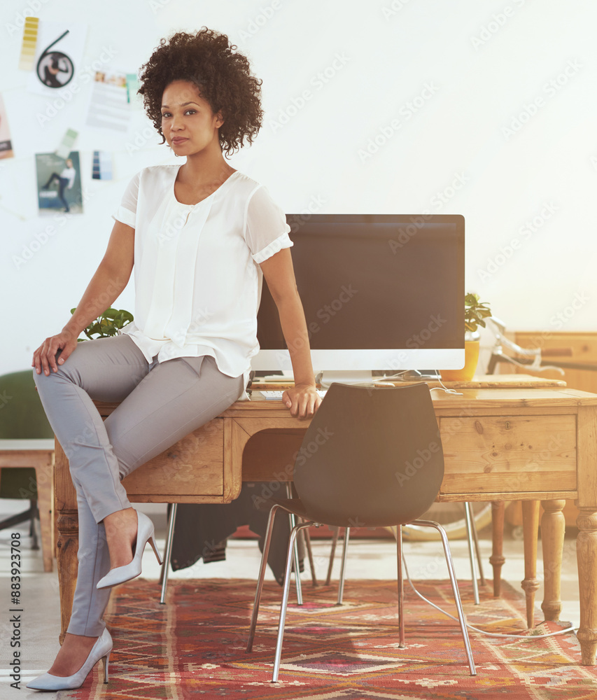 Poster African woman, designer and portrait in office by computer for fashion, creativity and small business. Person, pride and entrepreneurship by tech with clothes, career and mockup space at workplace