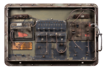 A vintage electrical control panel with exposed wires and rusty components, isolated on a white background