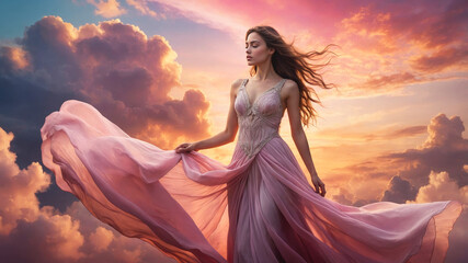 Fantasy woman with flowing hair among clouds