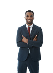 Crossed arms, happy and portrait of businessman in studio with confidence, attitude and ambition. Professional, corporate and person with pride for lawyer career, work and job on white background