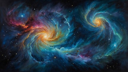 Abstract dark blue space background with glowing planet and stars